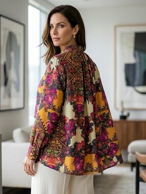 Rare Adriana Barra Boho Silk Blend Blouse Mixed Floral Geometric Print - Medium